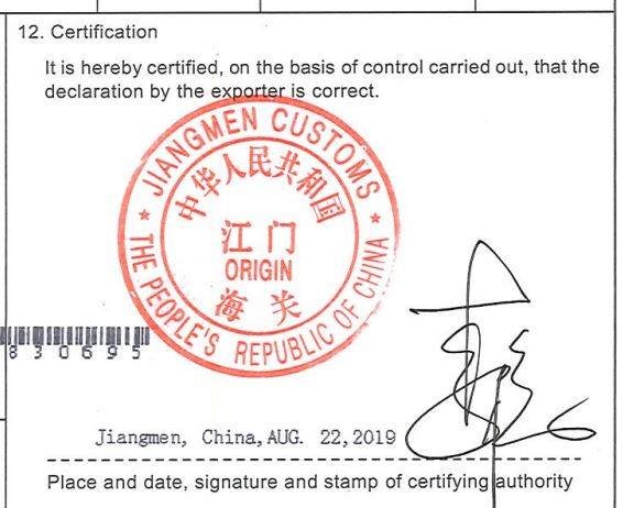Mẫu dâu và chữ ký C/O của china